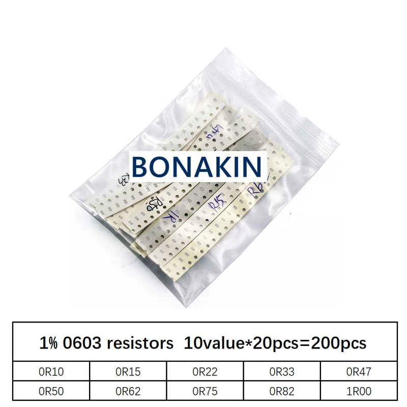 

200PCS 1% 0603 SMD resistors assorted DIY kit set,10 value*20pcs=200pcs 1R00 R820 R750 R620 R500 R470 R330 R220 R150 R100