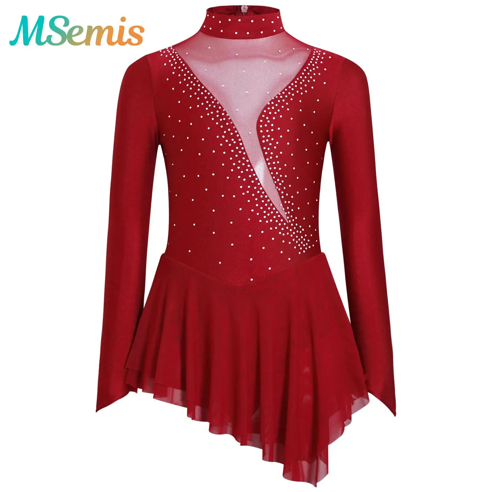 

Kids Girls Gymnastics Figure Skating Dress Sheer Mesh Glittery Rhinestones Ballet Tutu Dress Lyrical Dance Performance Costume