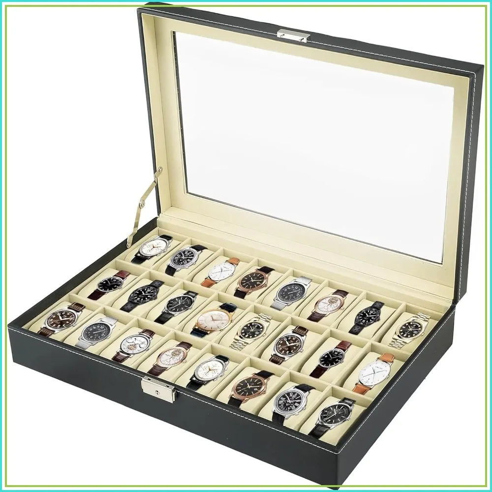 24 Slot PU Leather Watch Box Case with Glass Lid and Lock, Portable Jewelry Organizer for Travel