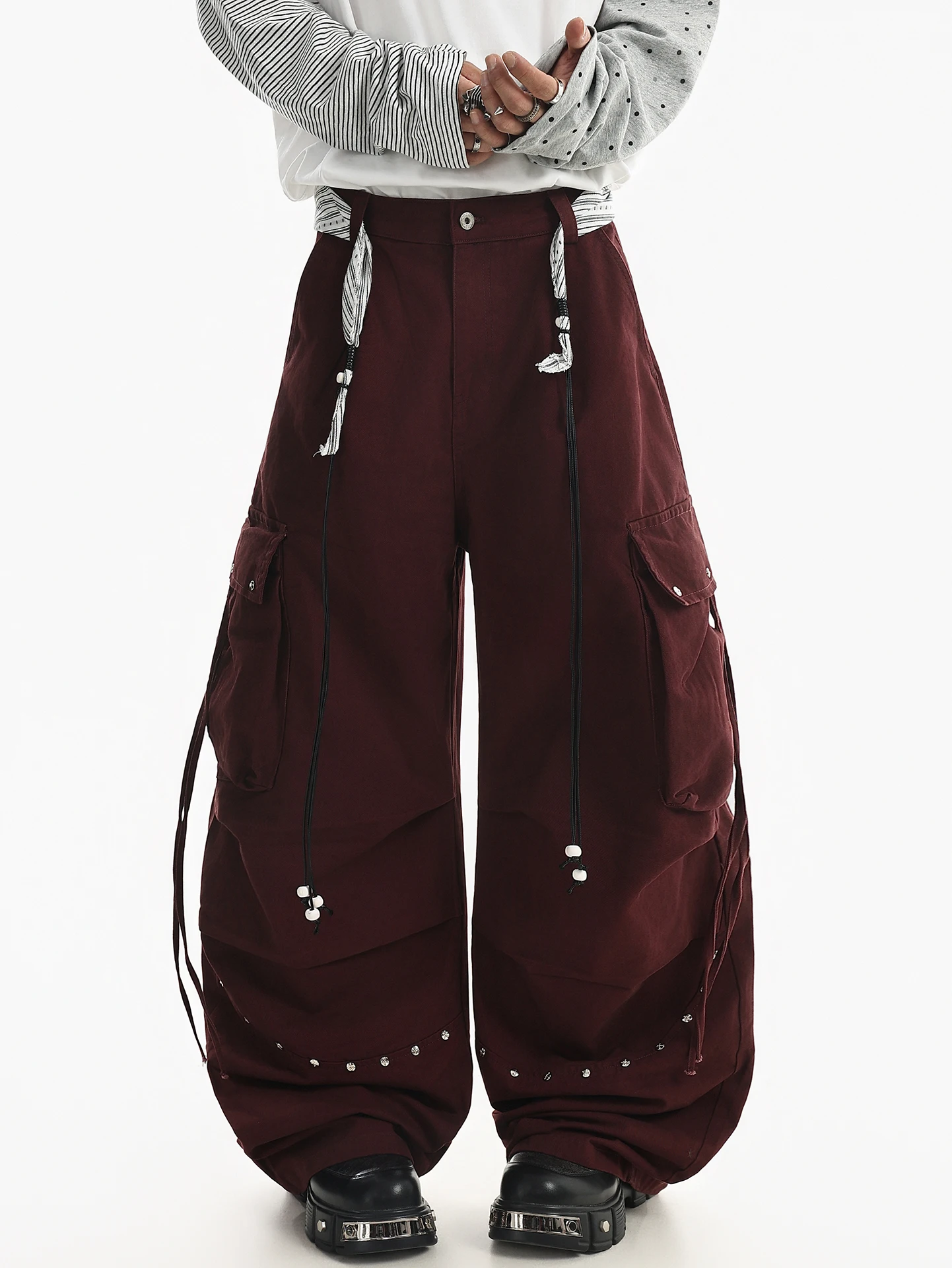 American Style Men's Cargo Pants Spring Fashion Pocket Pleated Wide Leg Straight Cut Loose Fit Casual Trousers