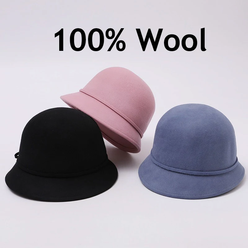 100% Wool Felt Cloche Hat French Elegant Bucket Cap Two-Tone Twisted Ribbon Accent Slimming Warm Autumn Winter Dress Hats