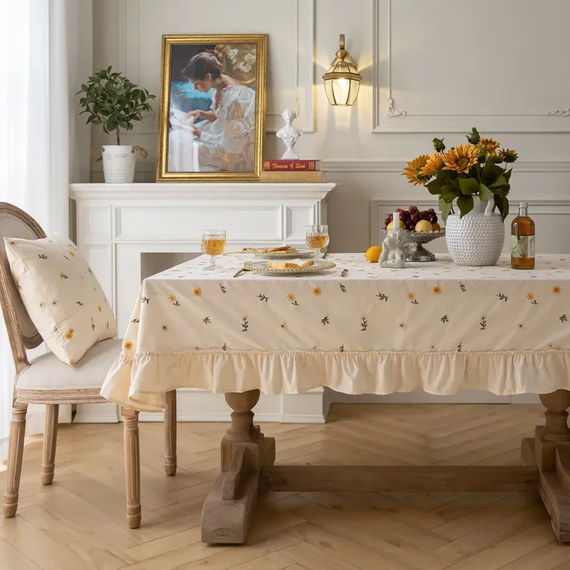 Table Cloth Cotton Apricot Embroidery Folded Lotus Leaf Fungus Edge Light Luxury Circular Tea Table Dining Tablecloth