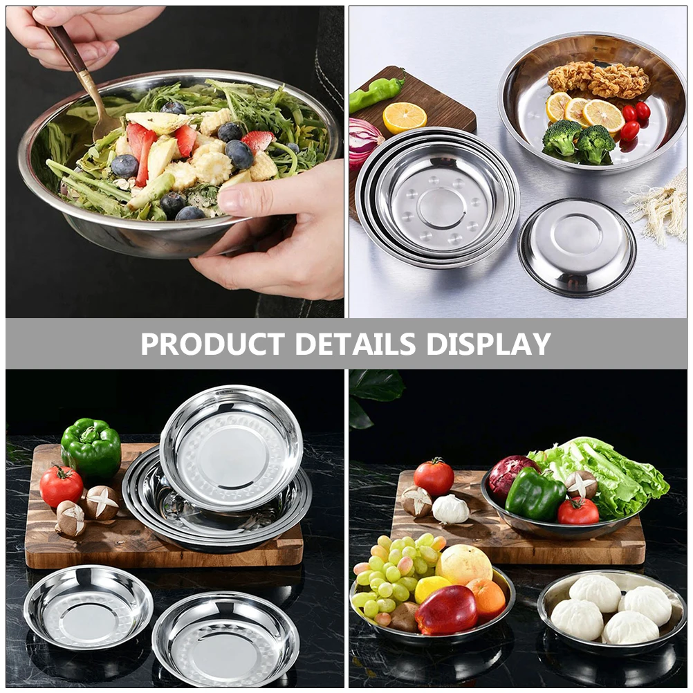 

8pcs Stainless Steel Round Plates Food Serving Tray Kitchen BBQ Plate Pasta Dishes Easy Clean Safe Practical Storage Dinner