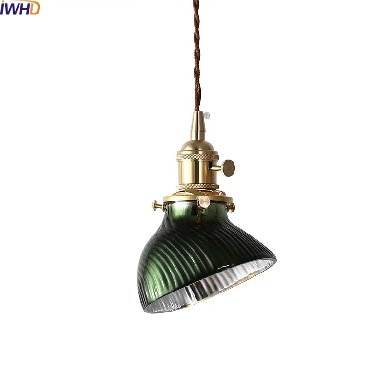 

IWHD Green Glass LED Pendant Light Fixtures Copper Bedroom Dining Room Balcony E27 Modern Hanging Lamp Suspension Luminaire