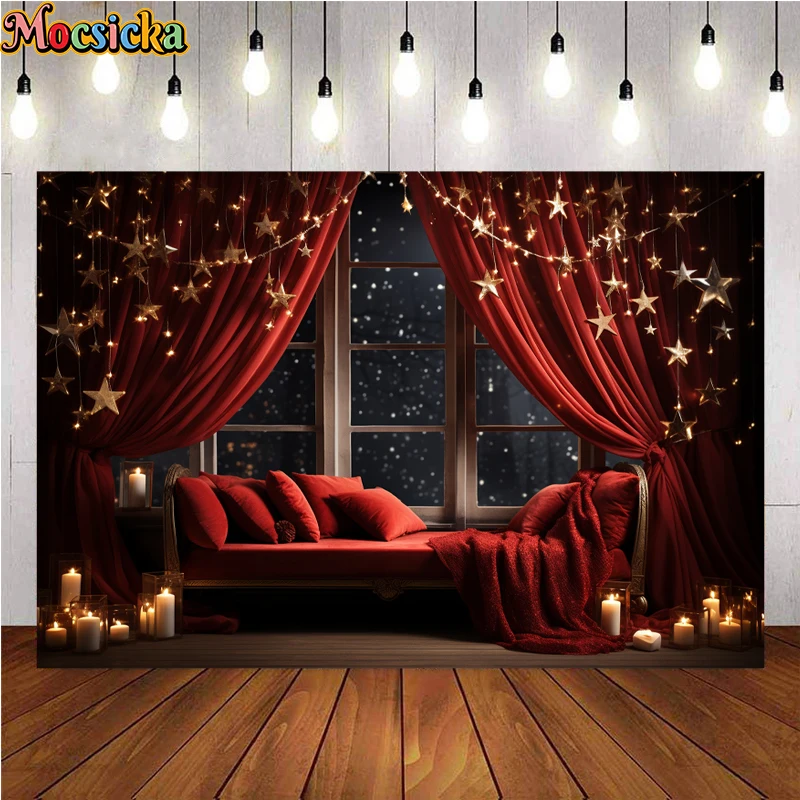 Mocsicka Winter Christmas Photography Background Red Couch Stars Holiday Party Family Portrait Photo Backdrops Studio