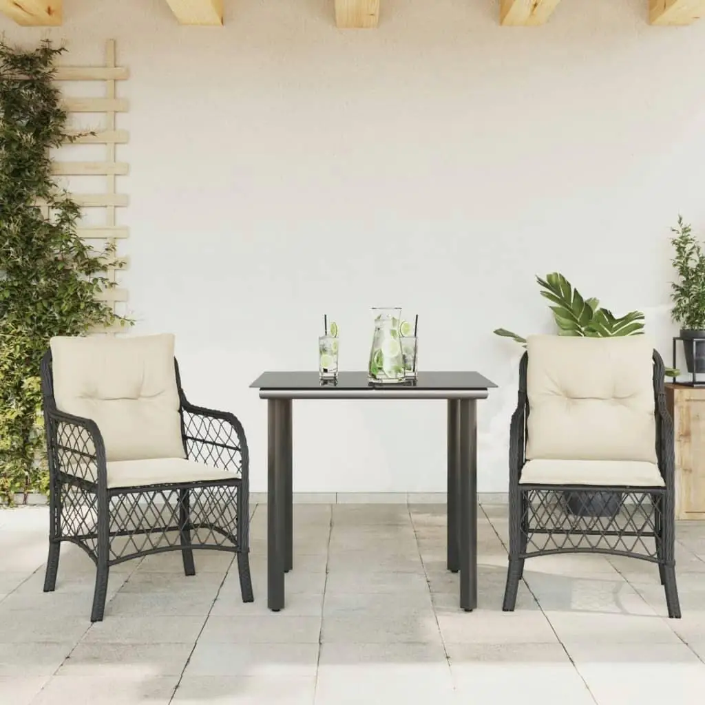 3-Piece Black Poly Rattan Bistro Set with Cushions - Stylish Outdoor Furniture