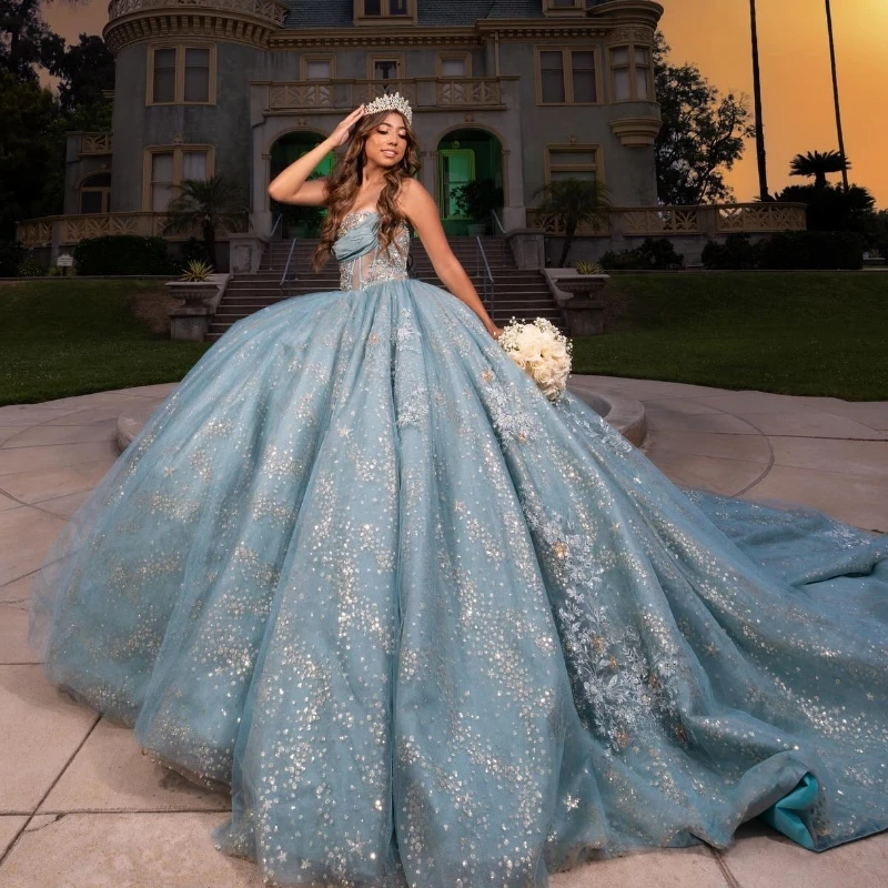 Water Blue Shiny Tassel Ball Gown Quinceanera Dress Off The Shoulder Sequined Lace Beads Crystal Tull Vestidos De 15 Años