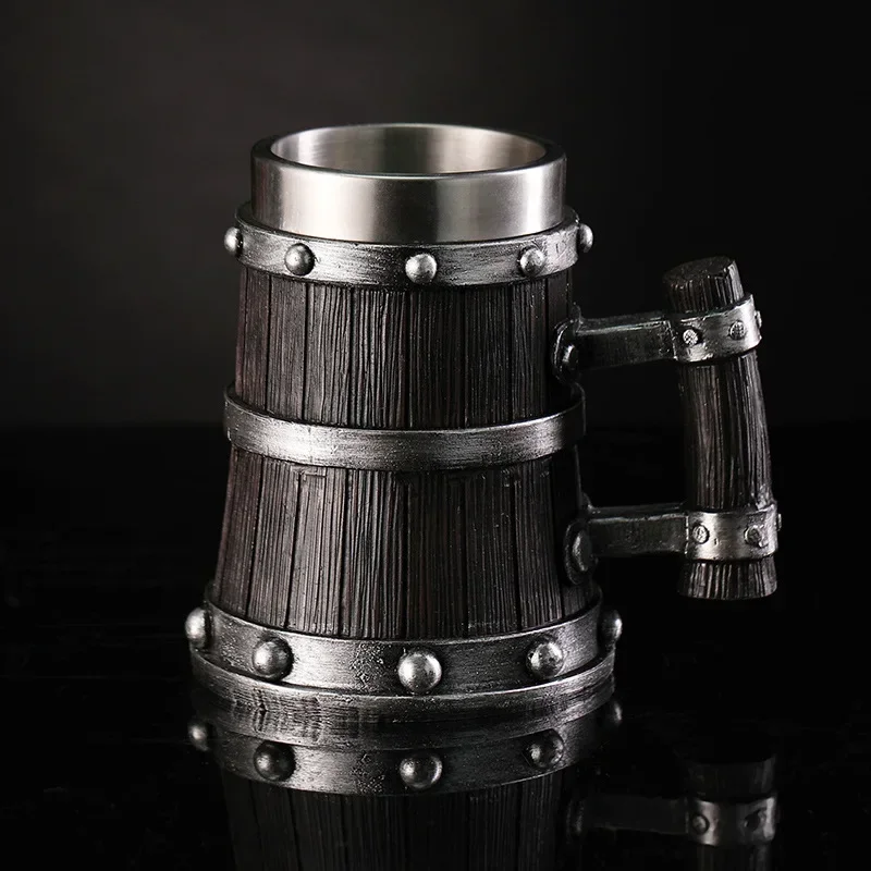 Imitation Wood Retro Beer Mug Resin 304 Stainless Steel Barrel Coffee Cup Viking Double Wall Beer Jug Large Capacity Water Cup