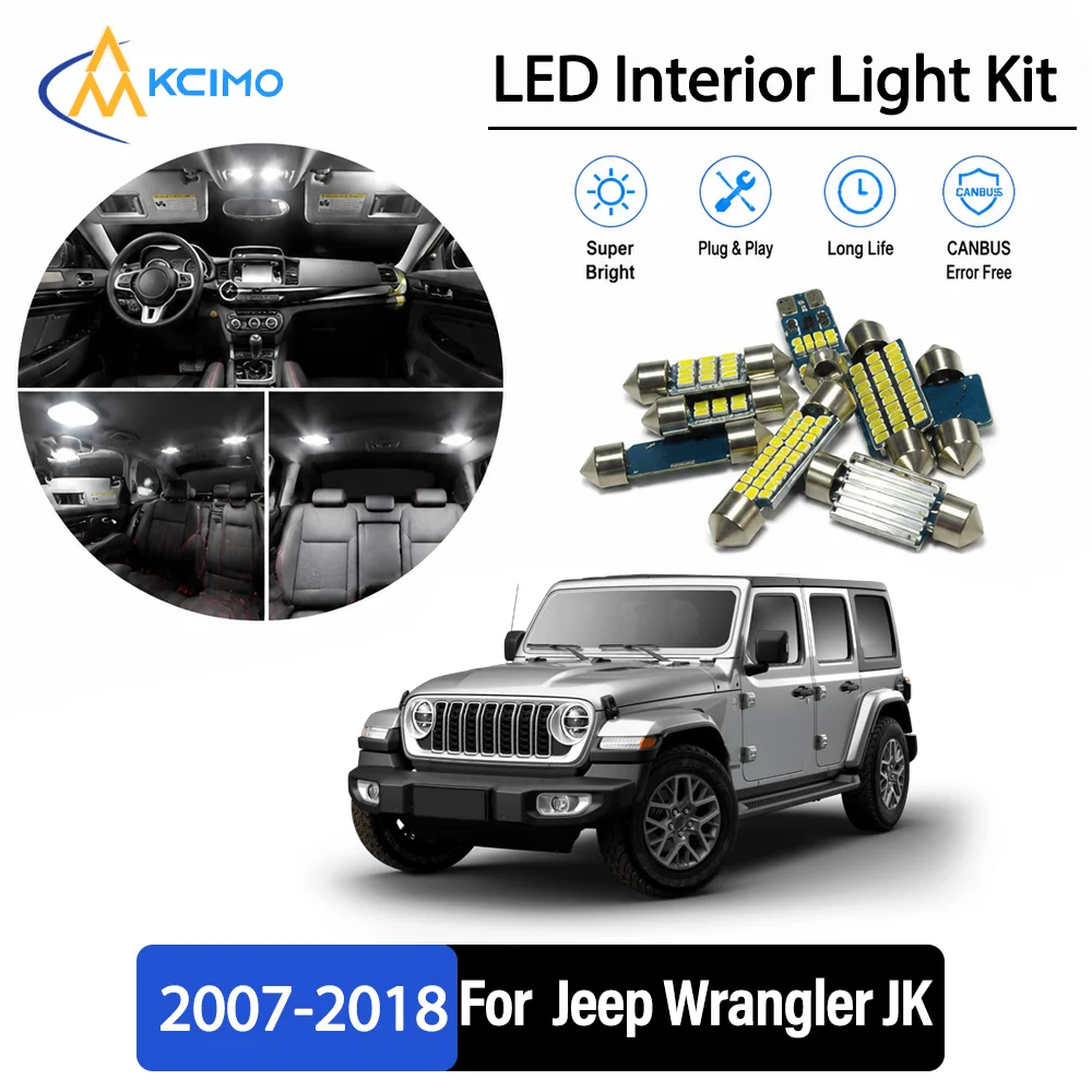 For Jeep Wrangler JK 2007-2018 2008 Premium No-Wire Continuous Glow Auto Interior LED Bulb Remodel Set Cabin Refit Lamps
