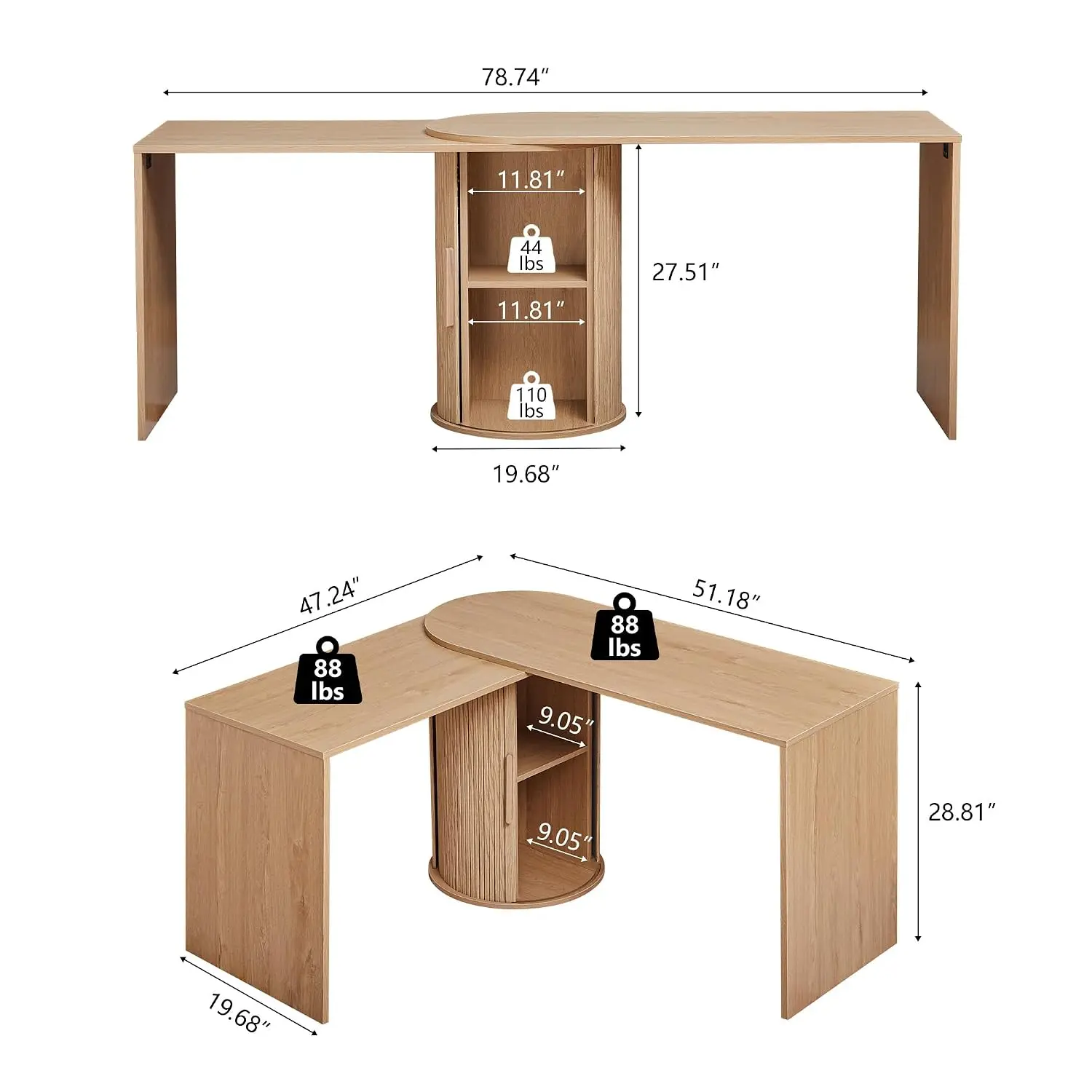 Fluted L-Shaped Corner Desk with Storage & Shelves for Small Space Home Office Bedroom Study Work, Natural Wood, Customized