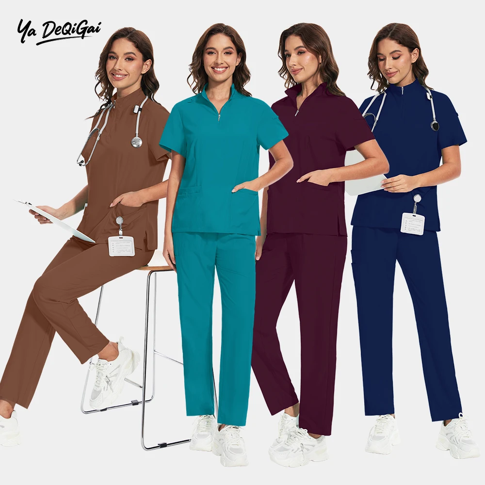 

Women Medical Scrubs Uniform Nurse Zipper Collar Scrub Set Pocket Top Pants 2 Piece Surgical Operating Suit Nursing Work Clothes
