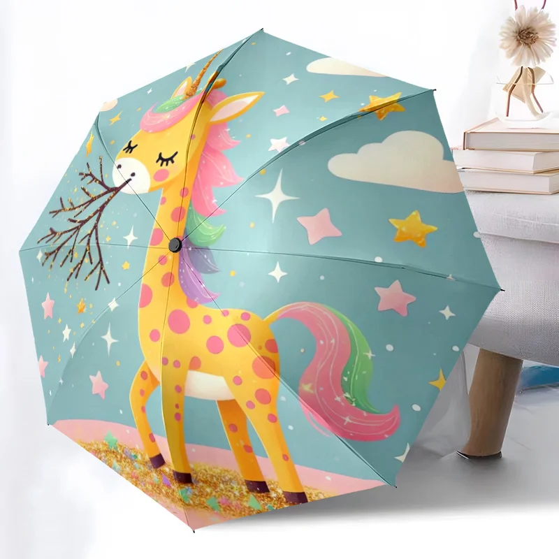 

Unicorn Giraffe Stars Clouds Night Sky Theme Print Umbrella, Featuring Automatic Folding, And Shielding, It Has Eight Sturdy R