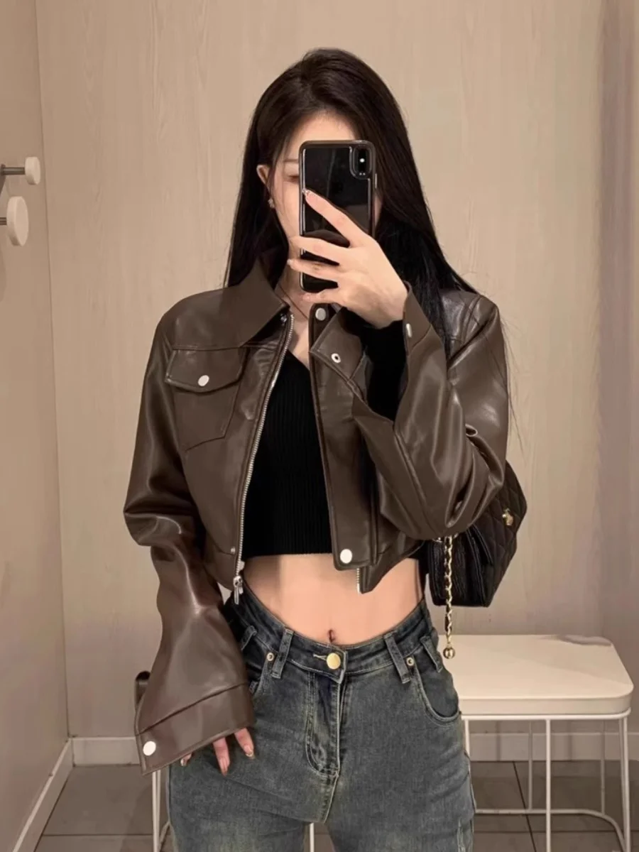 Brown ort PU Leather Jaet Women's Spring Autumn 2024 New Sle High-End Feelings Motorcycle Workwear Faion Outerwear