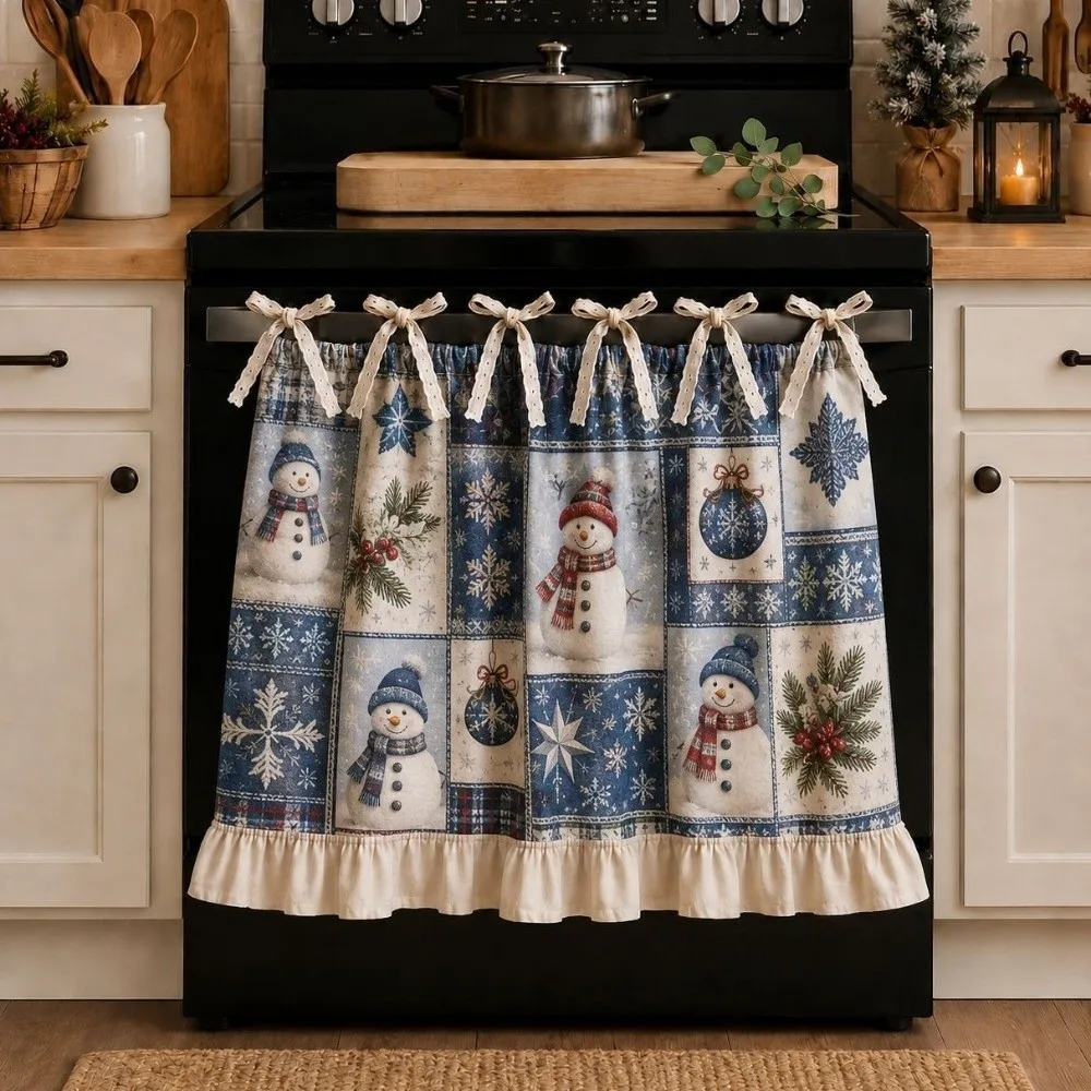 Ruffle Edge Christmas Oven Short Curtain Snowflake Printed Multi-functional Tie Cabinet Curtain Snowman Deer