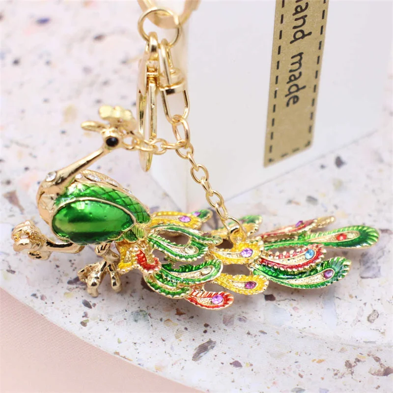 Bling Rhinestone KeyChain Elegant Colorful Peacock Keychain Peafowl Peahen Keyring Bag Pendant Car Key Chain Ring