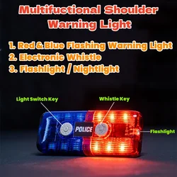 Red/Blue LED Police Shoulder Warning Light with Whistle Strobe Flashlight Magnet Attraction Nightlight for Traffic Guide Patrol