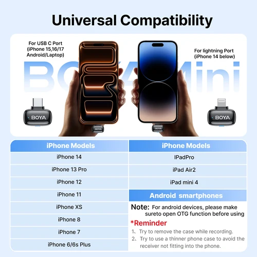 Imagen 2 del producto BOYA Mini 2 inalámbrico Lavalier solapa Mini micrófono reducción de ruido para iPhone 6-17 USB-C Android SmartPhone PC transmisión en vivo