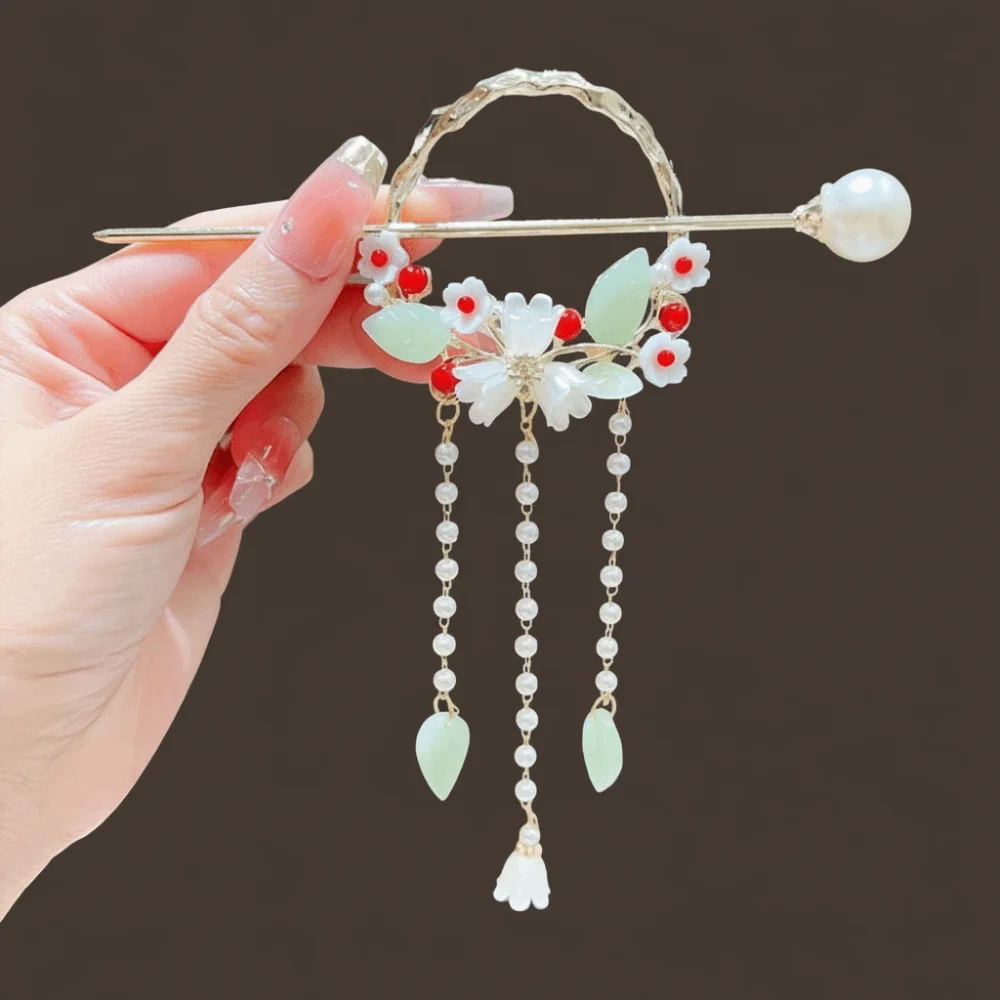 

Elegant Hanfu Hairpin Vintage Long Tassels Floral Hair Accessory Alloy Material Flower Design Pearls Hair Sticks