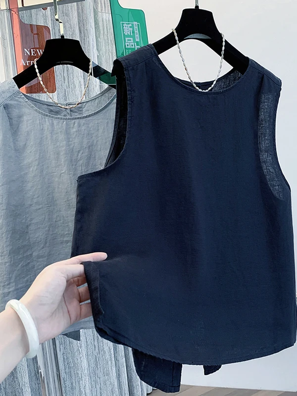 레트로 린넨 베스트 여성용 여름 고급스러운 루즈 캐주얼 슬릿 라운드 넥 탑 출퇴근용 여성스러운