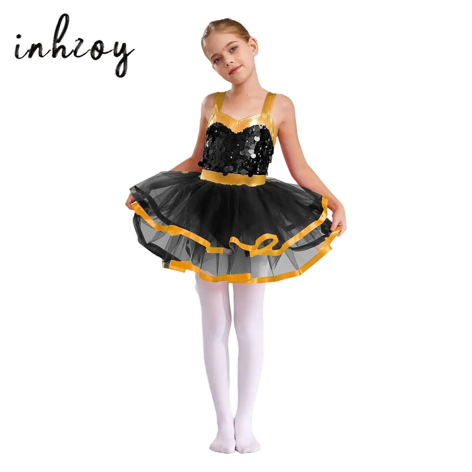 

Girls Artistic Ballet Dance Dress Sleeveless Color Block Sparkling Sequins Tutu Dresses Ballet Latin Dance Performance Outfit