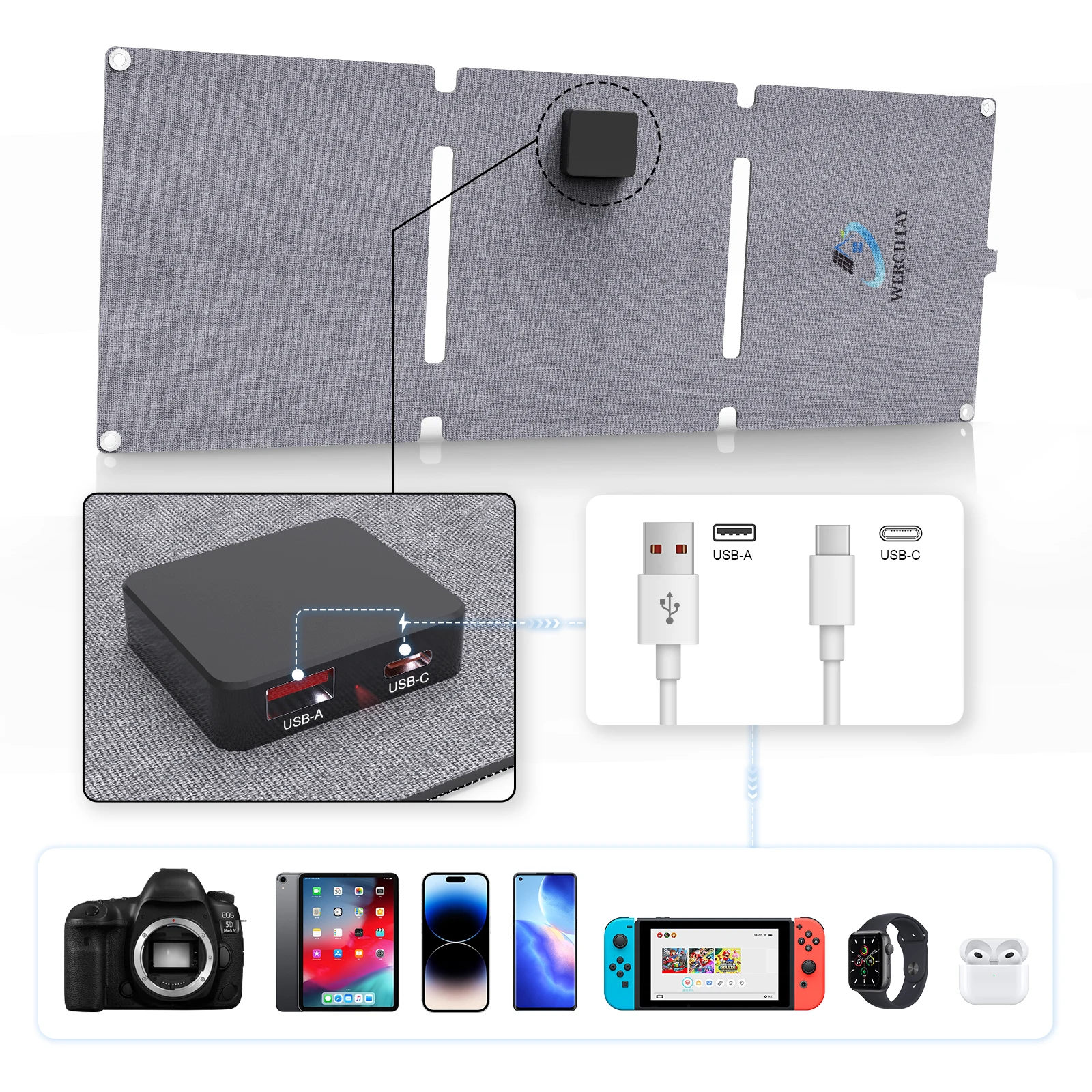 WERCHTAY 20W Foldable Solar Panel Charger IP65 Waterproof Portable Solar Charger 3 Output Ports for Camping Hiking RV Outdoor