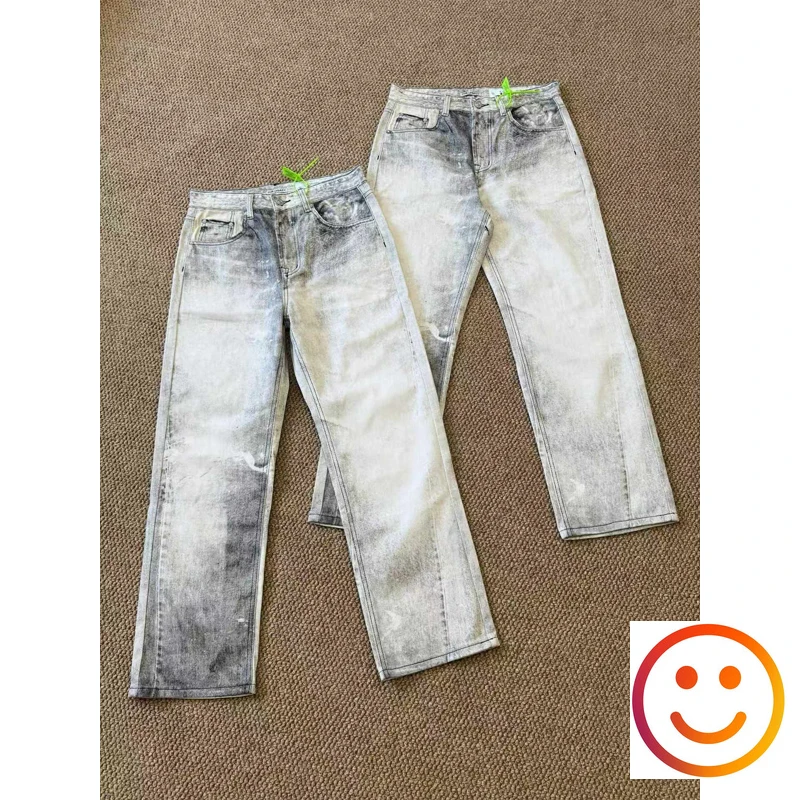 Gray Our Legacy High Quality Digital Print Straight Wash Distressed Jeans Men Women Unisex High Street Loose Casual Denim Pants