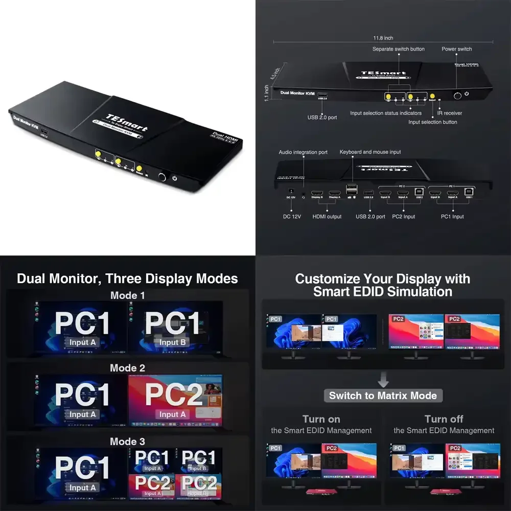 TESmart 2x2 для KVM-матричного коммутатора, 2 порта, 4K 30 Гц, USB 2.0 хаб, двойной видеокоммутатор для ПК, для Raspberry Pi, EDID