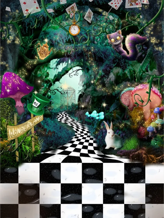 Alice in Wonderland Checkerboard Backdrop Happy Girl Baby Shower Birthday Cartoon Romantic Disney Decoration Backgrounds Banner