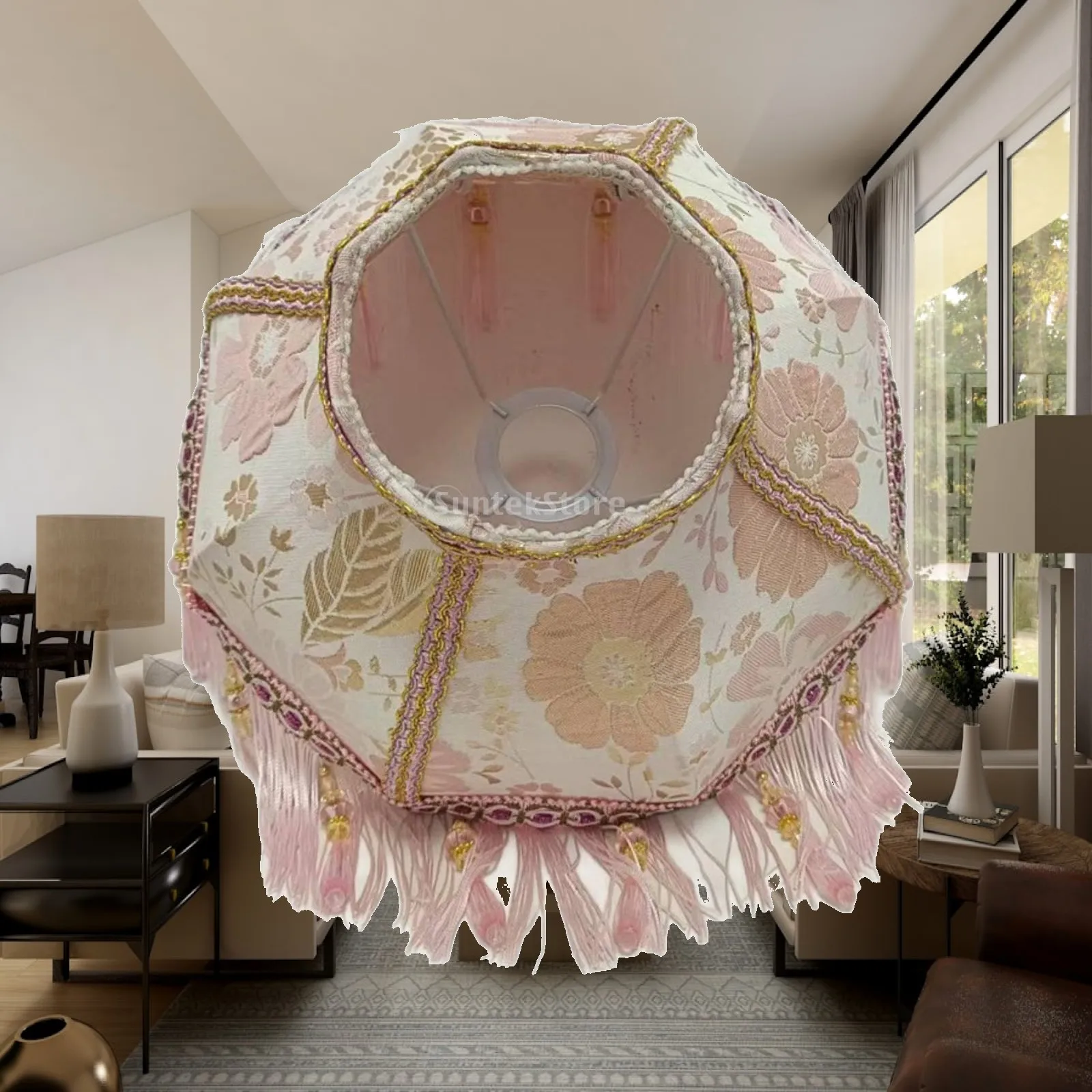 Pink Jacquard Lampshade Vintage Teardrop Princess Lampshade Jacquard Lamp Shade Textured Lamp Shade with Fringes Warm Light