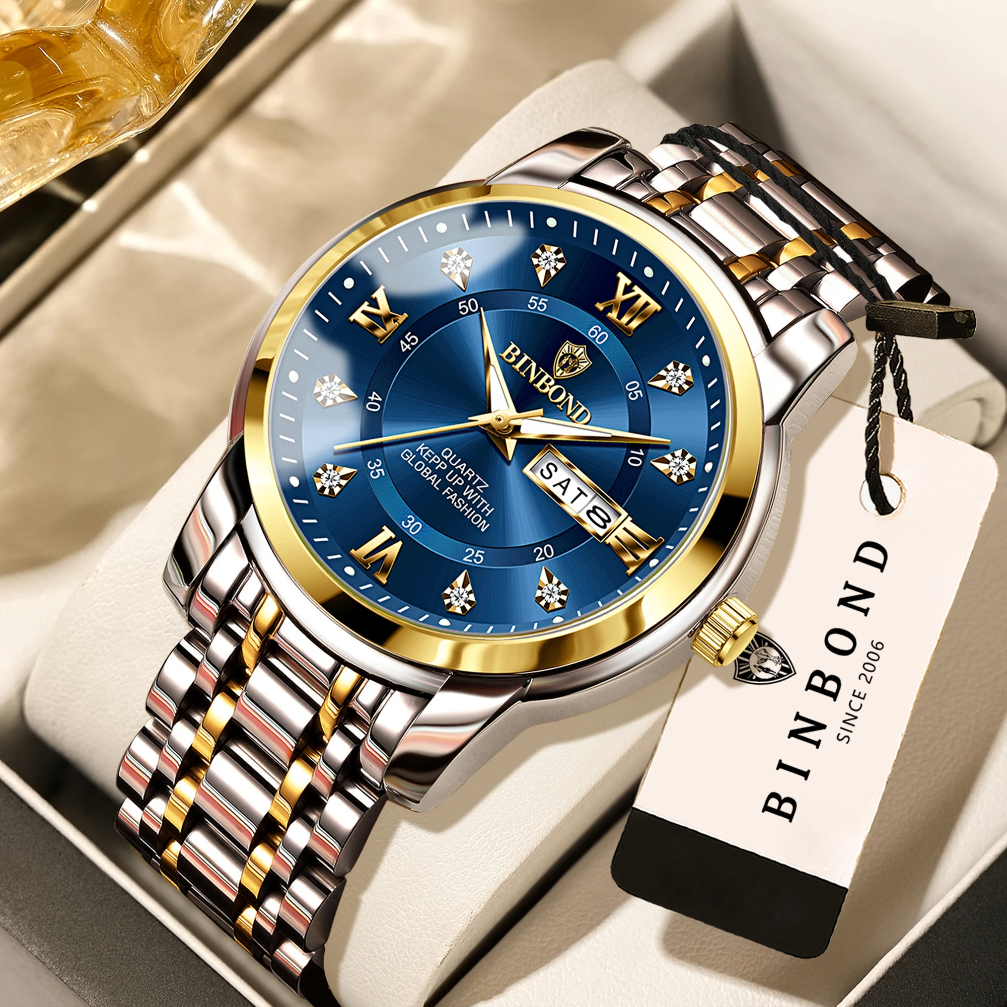 BINBOND Quartz Watches For Men Luxury Luminous Waterproof Auto Date Men's Watch Relojes Para Hombres Stainless Steel Reloj +Box