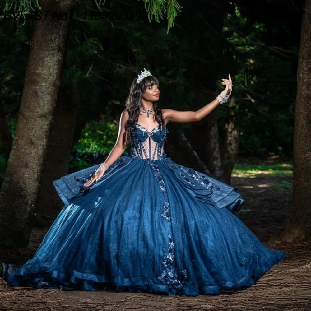 

EVLAST Customized Shiny Blue Ball Gown Quinceanera Dress Floral Applique Beading Tiered Sweet 16 Vestidos De 15 Anos E1QN305