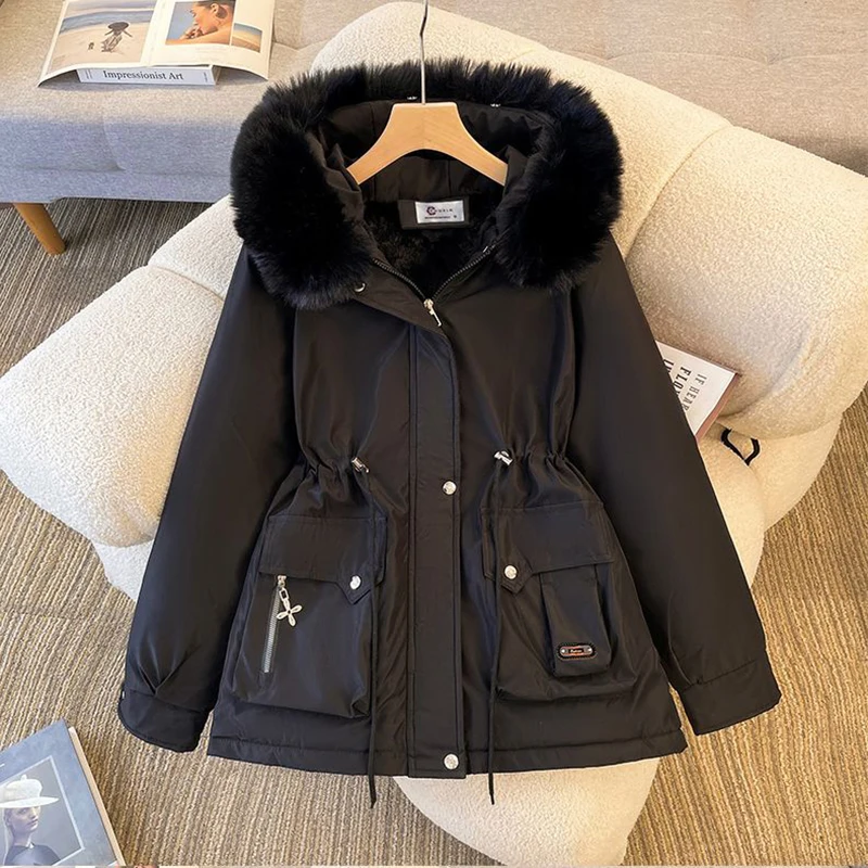 Women\'s Winter New Detachable Fur Hooded Snow Parka Large Fur Collar Cotton Padded Jacket Fluff Fur Hooded Outerwear Female