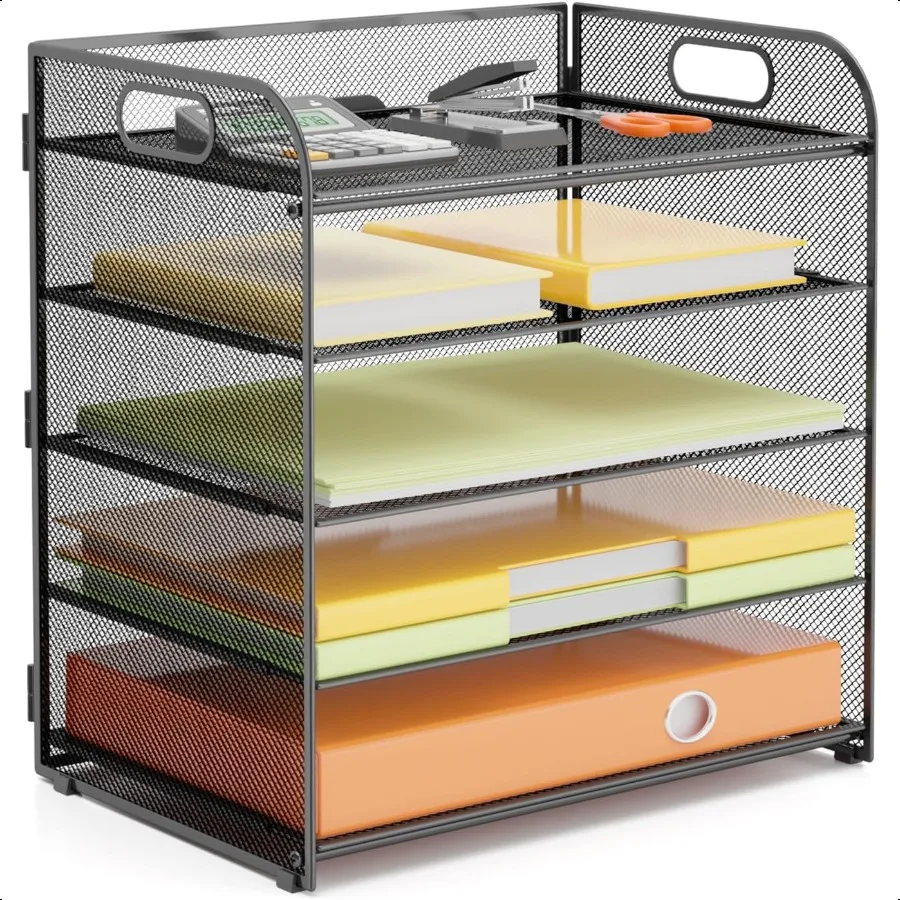 

VIEERINN 5 Tier Paper Letter Tray Organizer with Handles Mesh Desk File Organizer Metal Paper Sorter Holder Desktop Document Sh