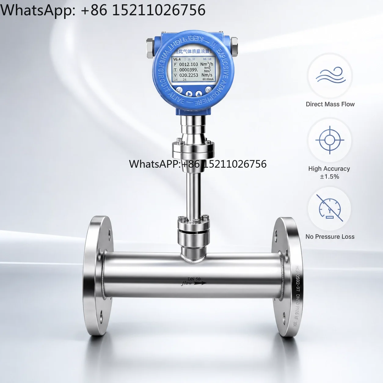 Industrial Thermal Gas Mass Flow Meter Mass Flow Measurement for Compressed Air Natural Gas Biogas Nitrogen RS485 Output