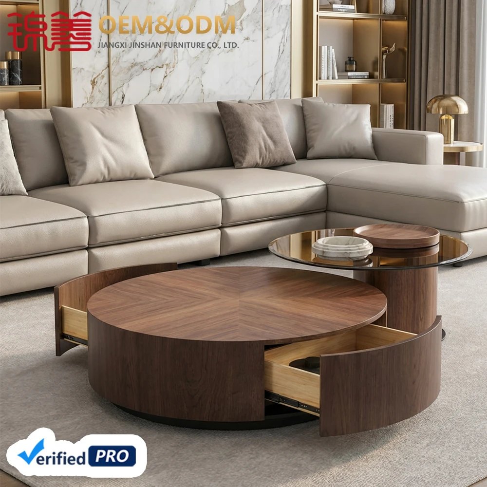 Modern Luxury Round Low Glass Coffee Table Set Unique Multifunction Home Furniture With Drawers For Living Room