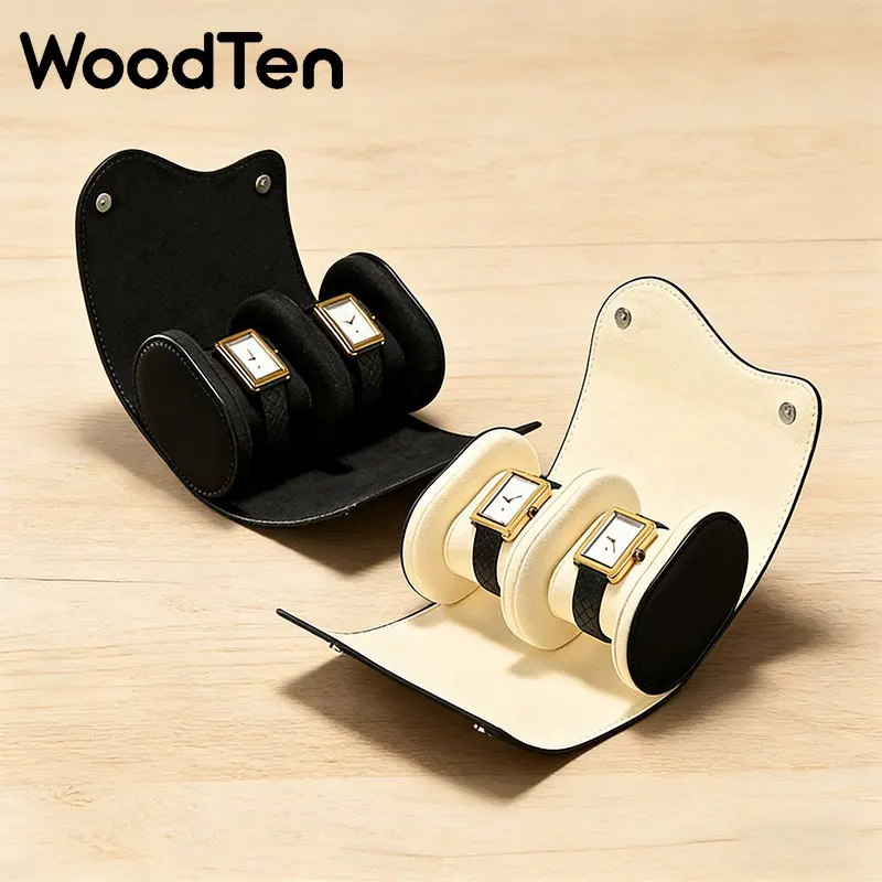 WoodTen PU Leather Watch Roll 2 slots Luxury Genuine Watch Storage Box Travel Bag Watch Case Gift Watch Box Watch Organizer Box
