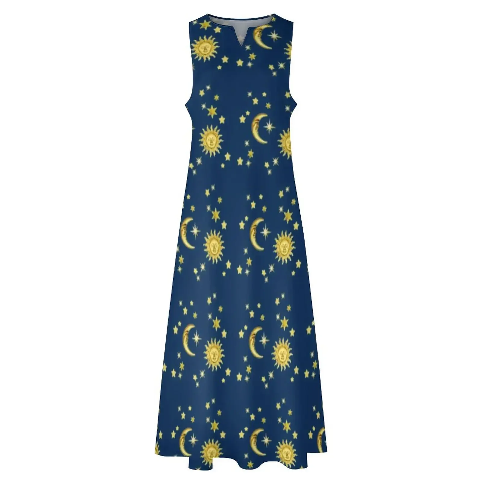 Moon Print Dress For Womens Sun Stars Print Trendy Maxi Dress Street Style Boho Beach Long Dresses Summer V-Neck Casual Vestidos