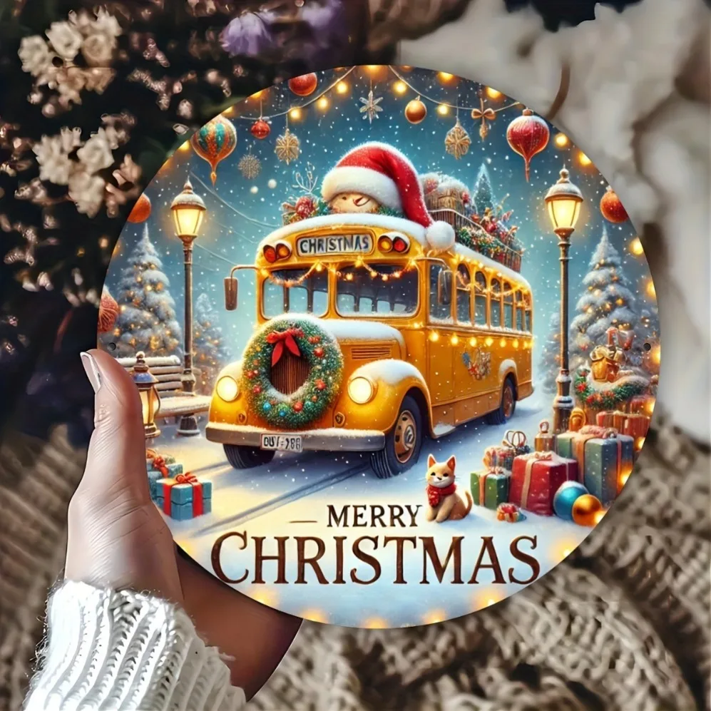 لافتة حافلة صفراء لعيد الميلاد الريفي، لوحة، حافلة ثلجية احتفالية مع إكليل وقبعة سانتا، تحية "عيد ميلاد سعيد"