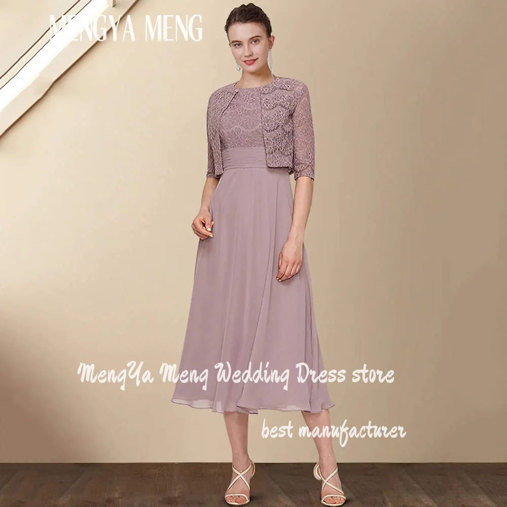 Customized Two Piece A-Line Mother of the Bride Dress with Wrap Jewel Neck Tea Length Chiffon Lace Short Sleeve with Ruched