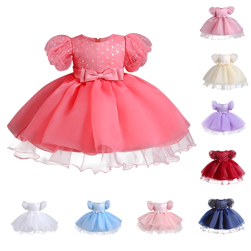 New children\'s first birthday princess birthday party dress Sequin bubble sleeve lace mesh fluffy dress communion dinner dress