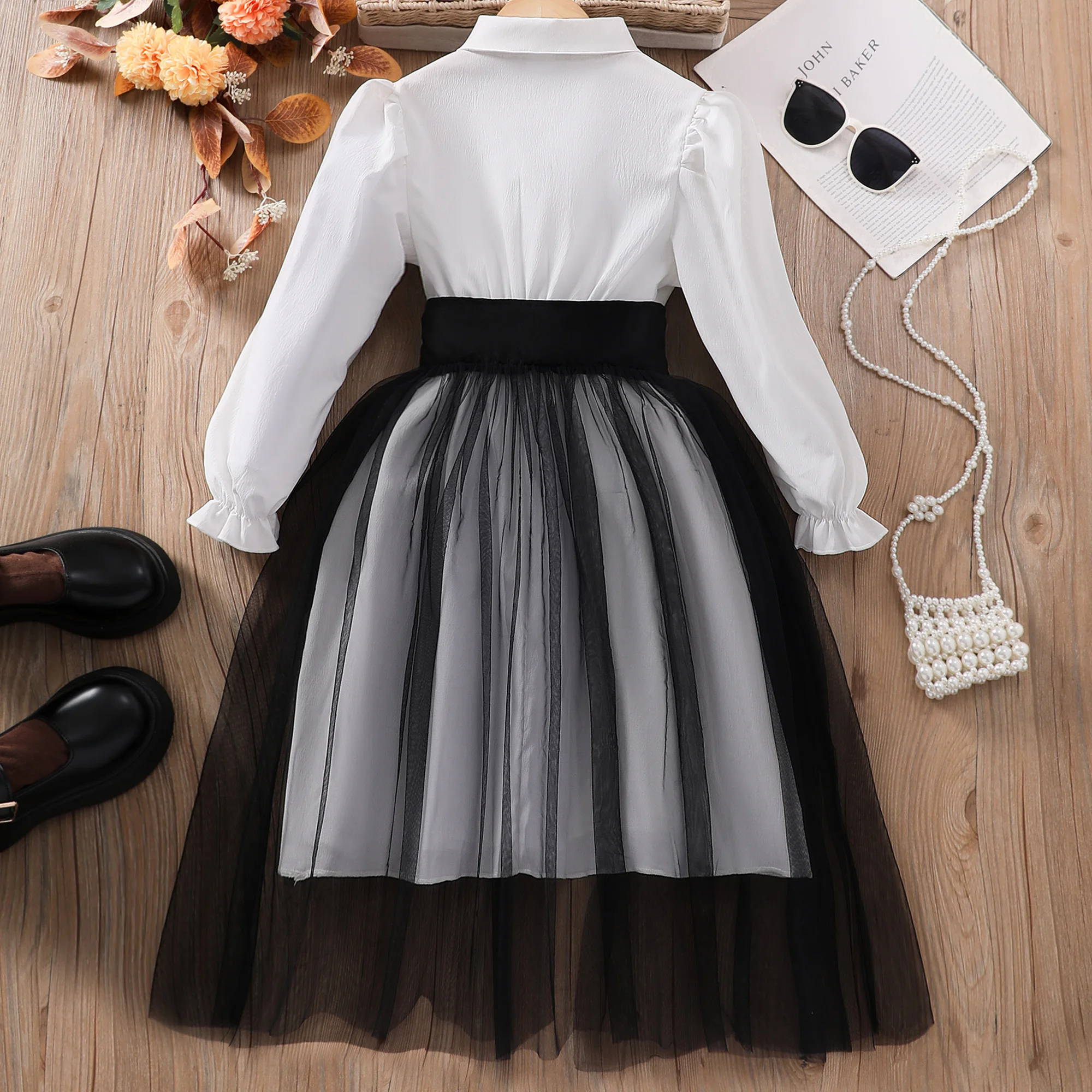 Girls\' long sleeved lapel waistband mesh patchwork dress