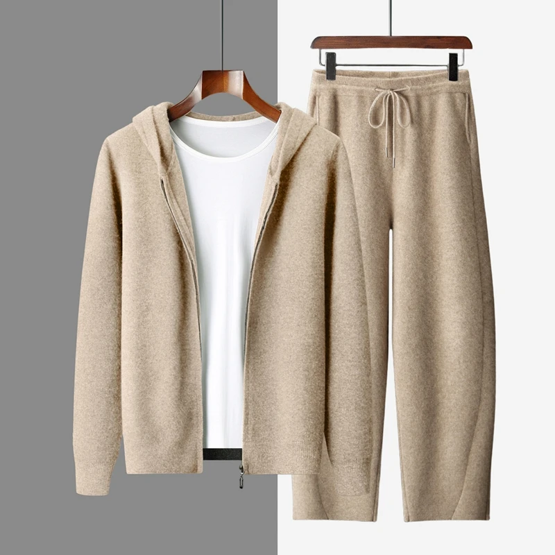 2025 100% Cashmere Men Hooded Cardigan Sweater and Pants Thick Warm Autumn Winter Cashmere Jacket Hoodie Knitwear Trousers Suit