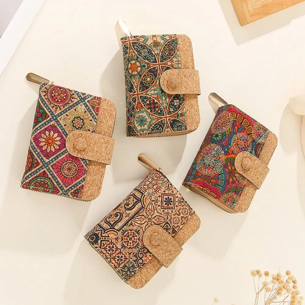 ショートジッパーレトロプリント財布隠しバックルポータブルデザインマルチカードスロット財布カードスロット木目調カードホルダー