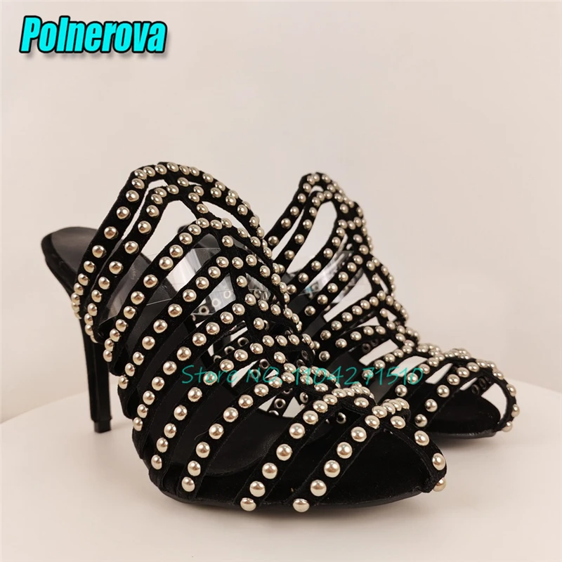 

Черные замшевые тапочки на высоком каблуке, пикантные женские босоножки на шпильке с заклепками и ремешком, новые летние вечерние туфли для ночного клуба