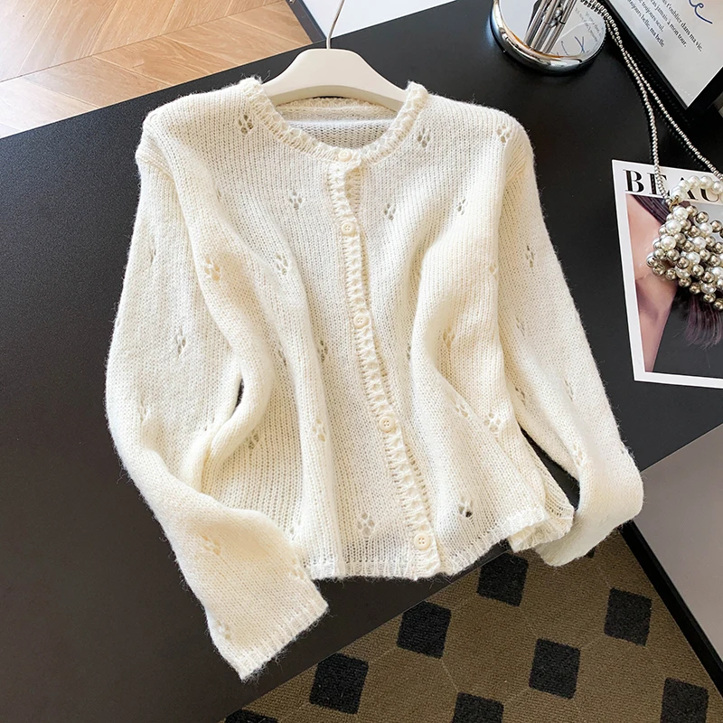 

Ультра-мягкий, приятный для кожи вязаный круглый открытый кардиган с геометрическим рисунком, женский топ Quali Camere, трикотаж