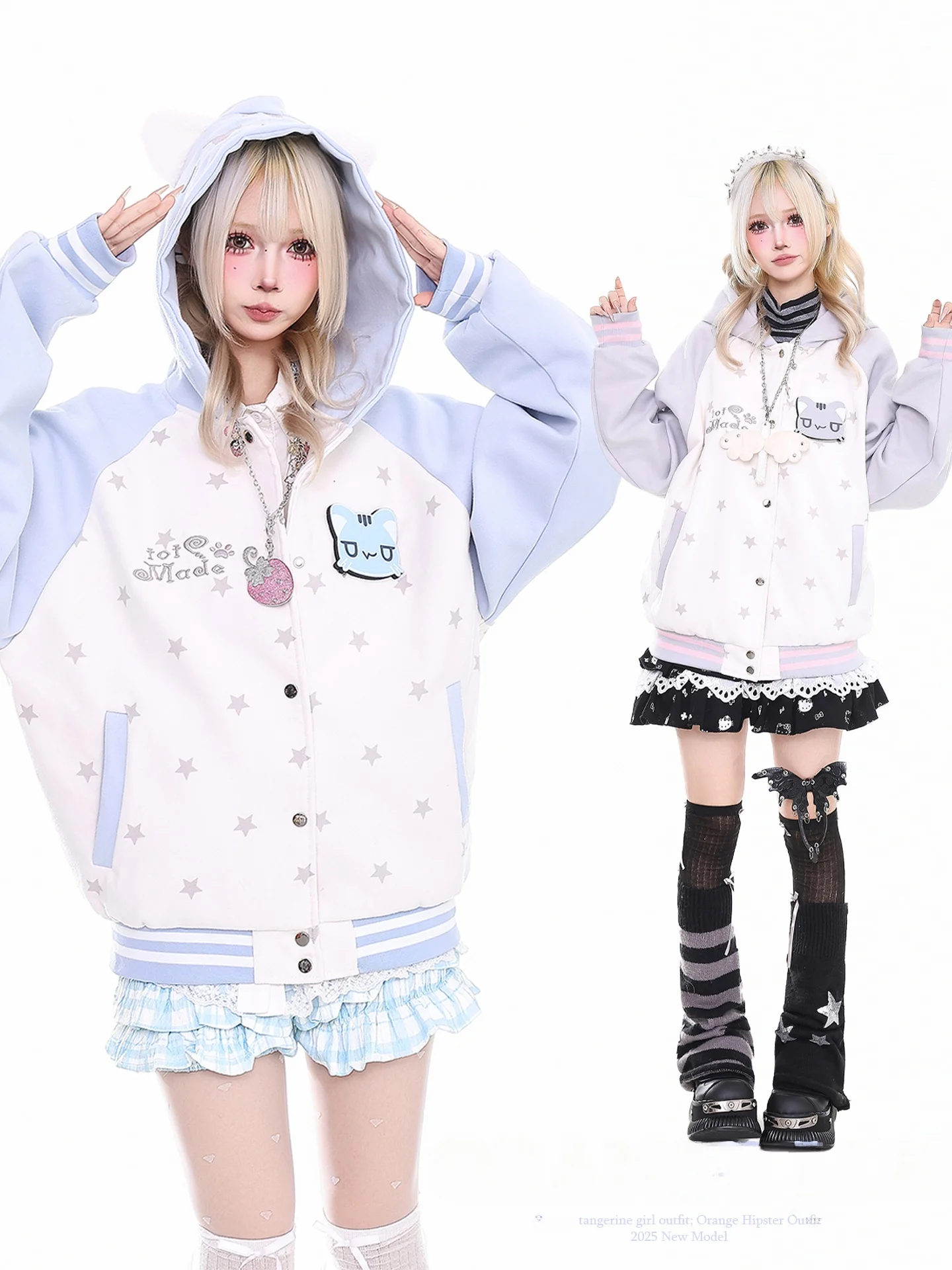 

Adorable Print Hooded Jaet Women's Loose Fit Baseball Sle Coat Autumn Winter Casual Faion Polyester Cotton Blend