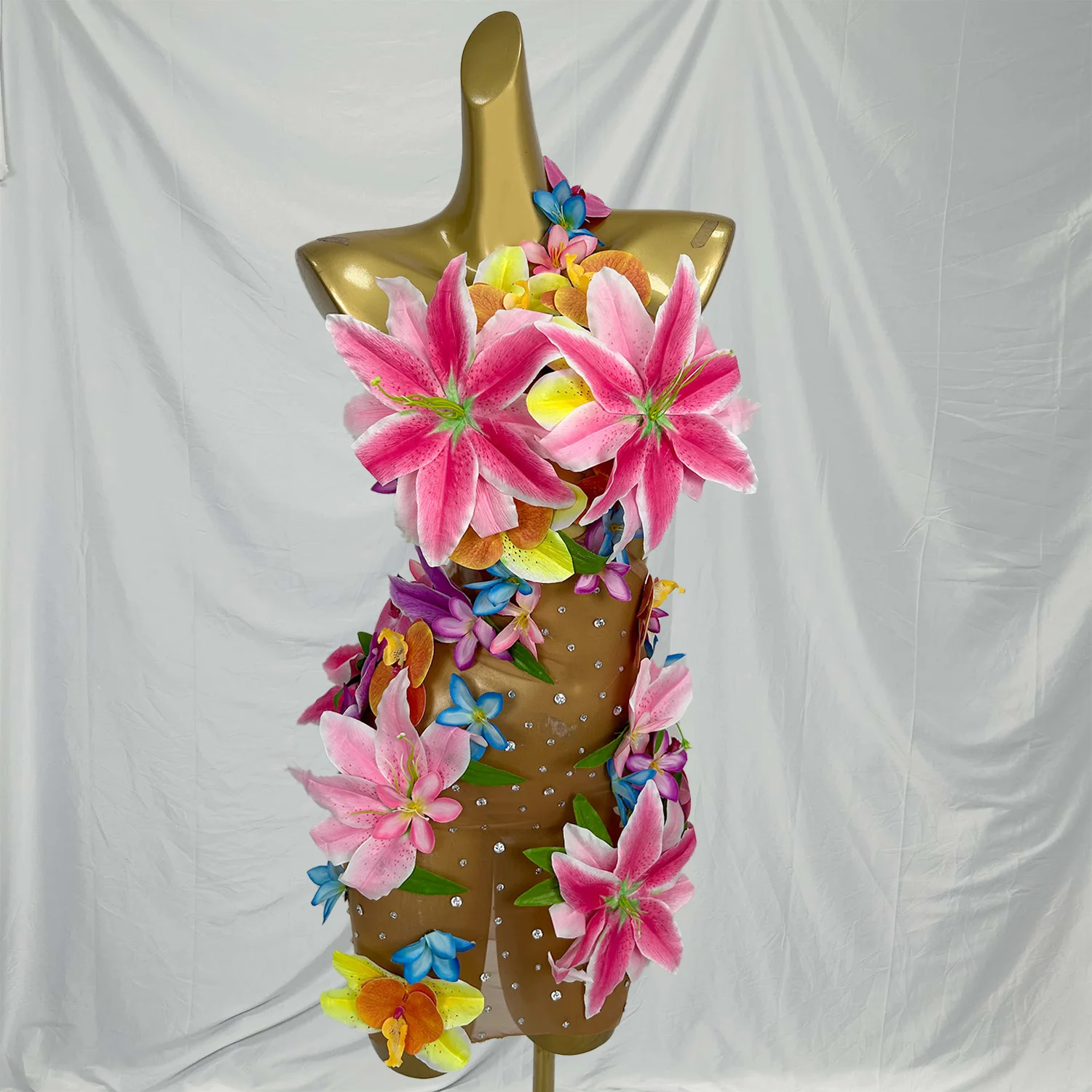 

Fangzhenhua Flowers Women Sexy One Shoulder Mesh Bodycon Mini Dress Celebrate Nightclub Party Bar Dancer Performance Costume