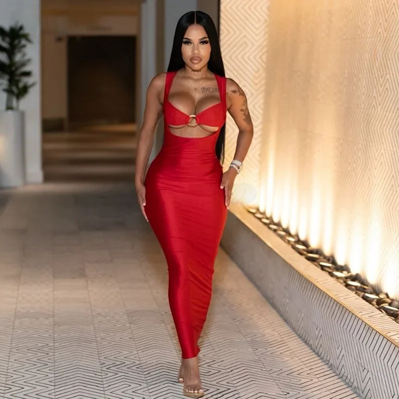 Women Red Hollow Out Bodycon Maxi Party Dress Sexy Strapless Sleeveless Metal Ring Backless Slim Birthday Outfits Clubwear Robe