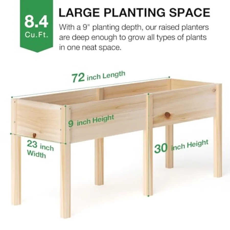 72L x 23W Raised Garden Bed Outdoors with Legs Elevated Reinforced Wood Planter Box for Backyard Patio Balcony w Divider Panel