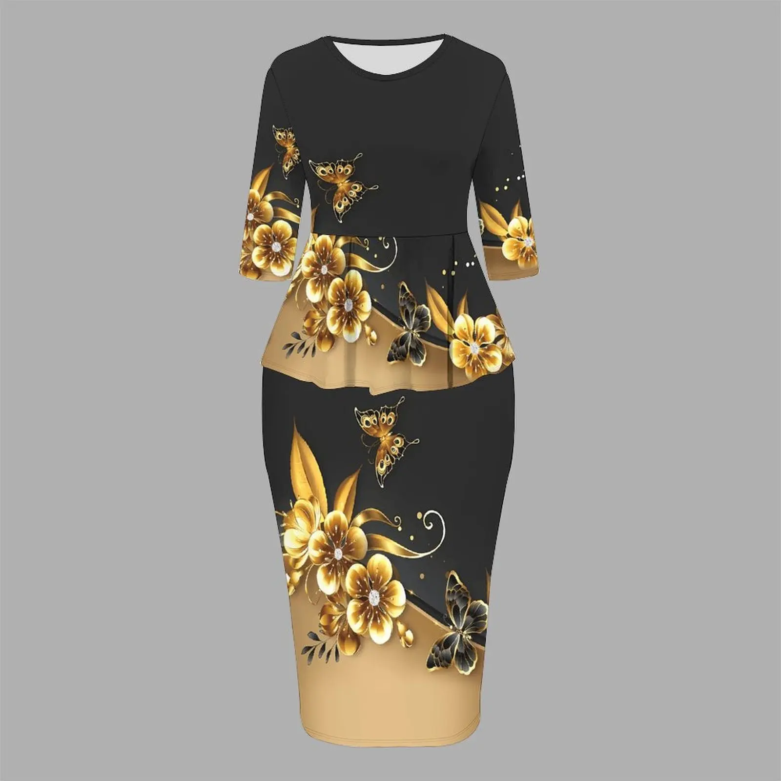 Retro elegant printed party two-piece set autumnand winter crew neckthree-quarter sleeve  ladies tight-fitting knee-length skirt